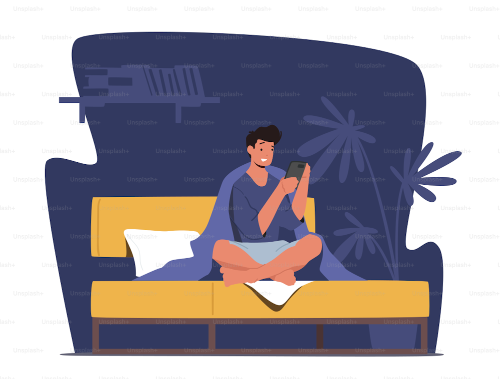 Male Character with Phone Sitting in Bed Wrapped in Blanket. Concept of Gadget Addiction, Insomnia, Internet Communication. Man Relax at Nighttime with Mobile. Cartoon People Vector Illustration