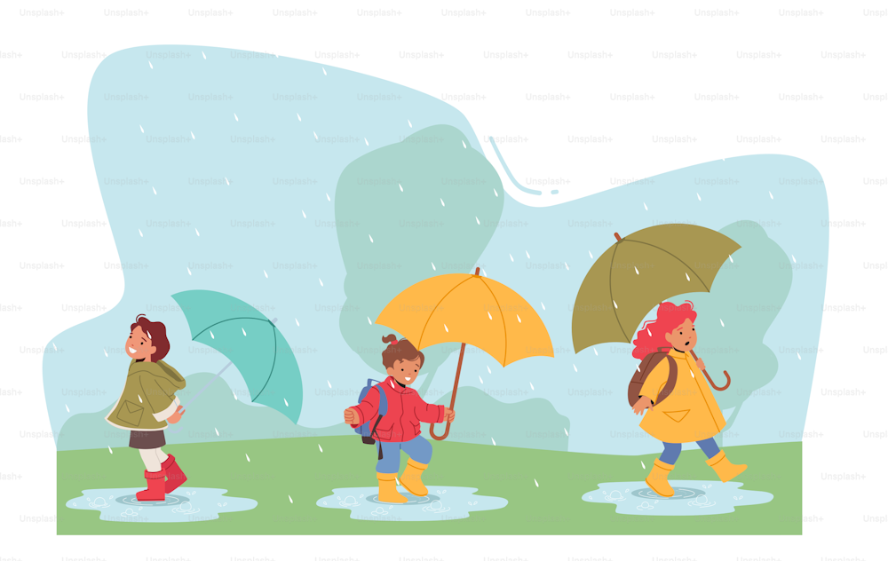 Happy Kids Run under Umbrella, Baby Boys and Girls Characters Walking at Rainy Weather, Jump and Run by Puddles in Park at Autumn or Spring Season. Cartoon People Vector Illustration