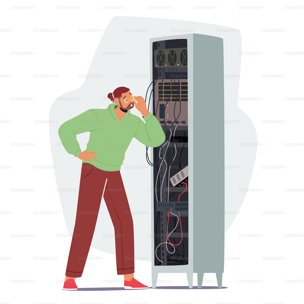 Sysadmin männlicher Charakter repariert und passt die Netzwerkverbindung an. Systemadministrator, der mit Server-Rack-Schränken und Computer-Rechenzentren arbeitet. Cartoon Menschen Vektor Illustration