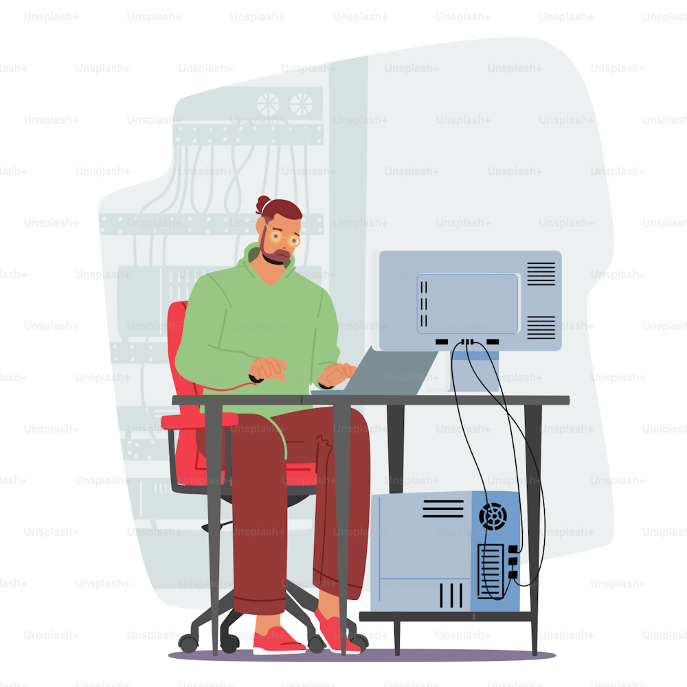 Male Character Working With Big Data and Tech Information on Laptop. System Administrator Setting Software. Man Sysadmin or Coder at Work With Computer. Cartoon People Vector Illustration