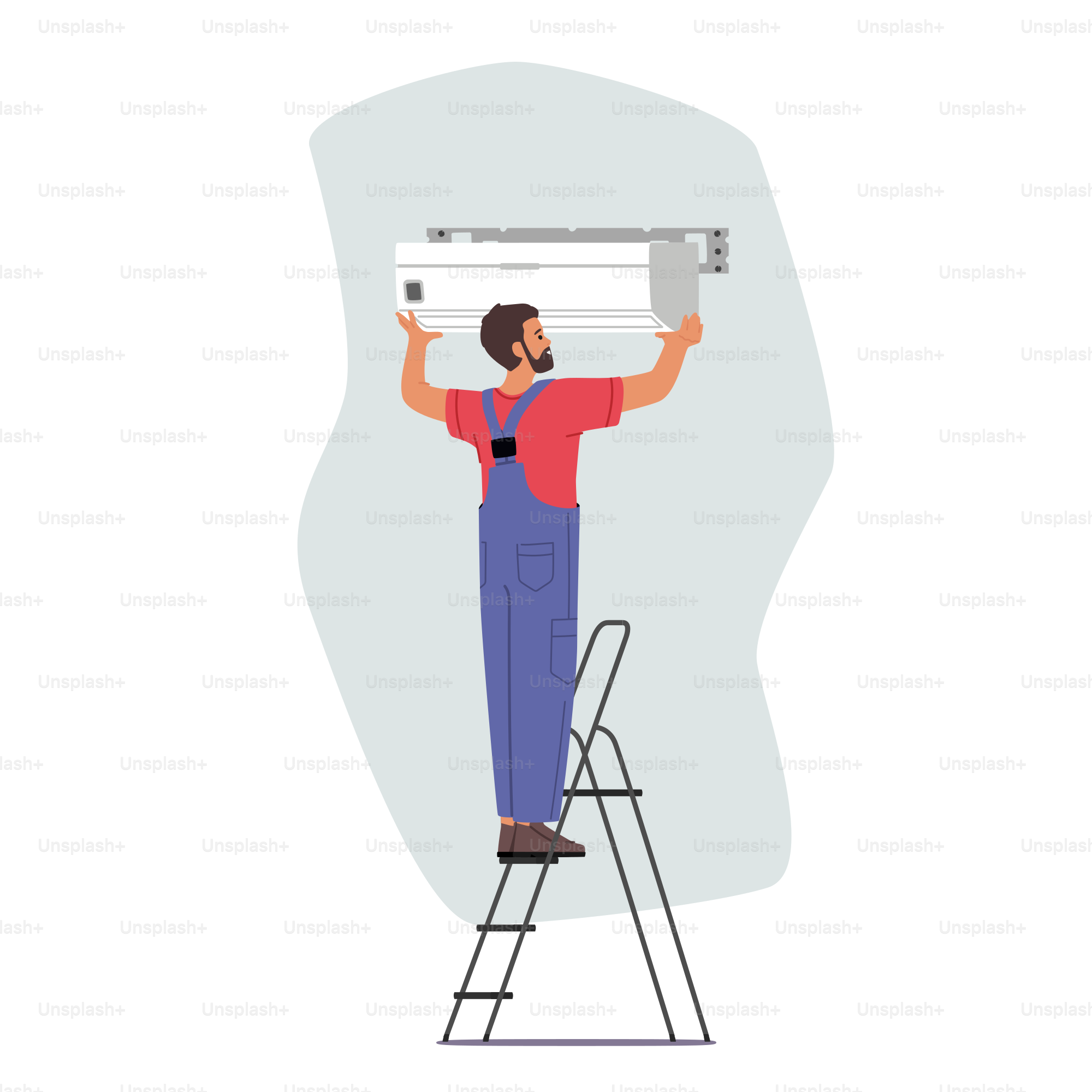 Installazione del condizionatore da parte di un tecnico di assistenza a casa. Personaggio professionista della squadra che lavora nella stanza installa un nuovo sistema di mobile interno diviso. Illustrazione vettoriale di Personaggi dei Cartoni Animati