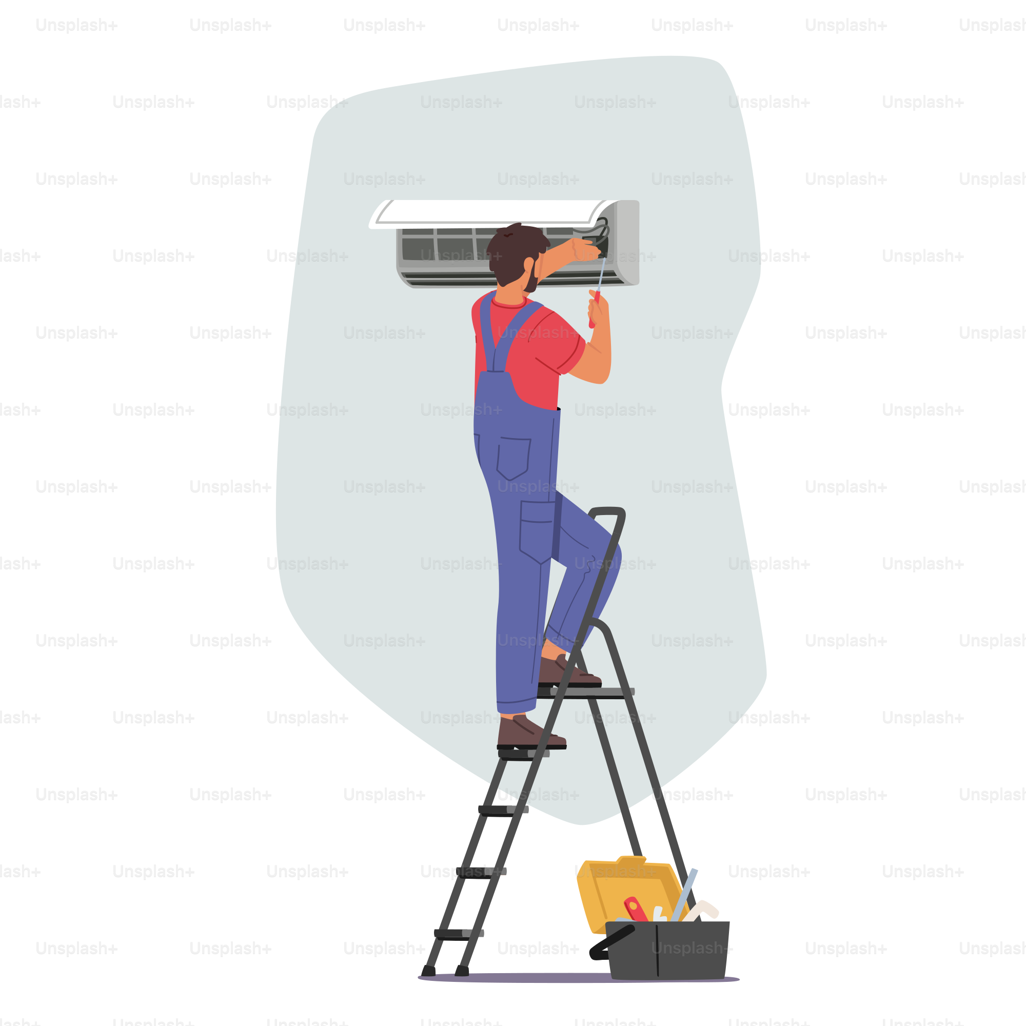 Elettricista Riparazione Condizionatore Rotto. Servizio tuttofare, riparazione di sistemi di raffreddamento domestici o ufficio per personaggi maschili. Marito per un'ora per riparare il concetto Technics rotto. Illustrazione vettoriale di Personaggi dei Cartoni Animati