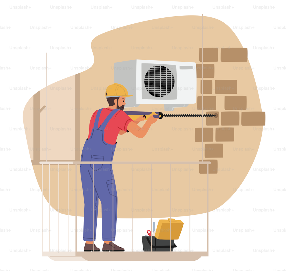 Air Conditioner Installation Service Concept. Professional Technician Crew Character Working, Install New Split System Outdoor Unit at Home or Office. Cartoon People Vector Illustration