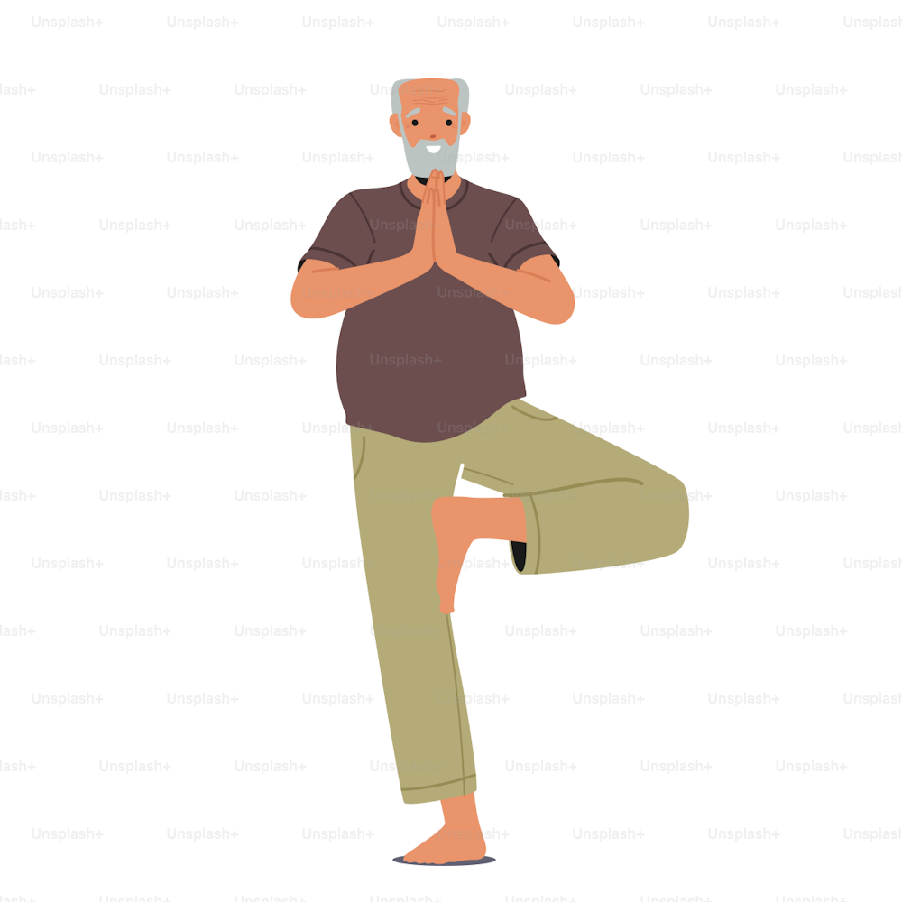 Elderly Male Character Stand on One Leg with Joined Palms in Yoga Asana Pose. Isolated Old Man Wearing Sports Wear Training, Doing Practice, Active Healthy Life. Cartoon People Vector Illustration