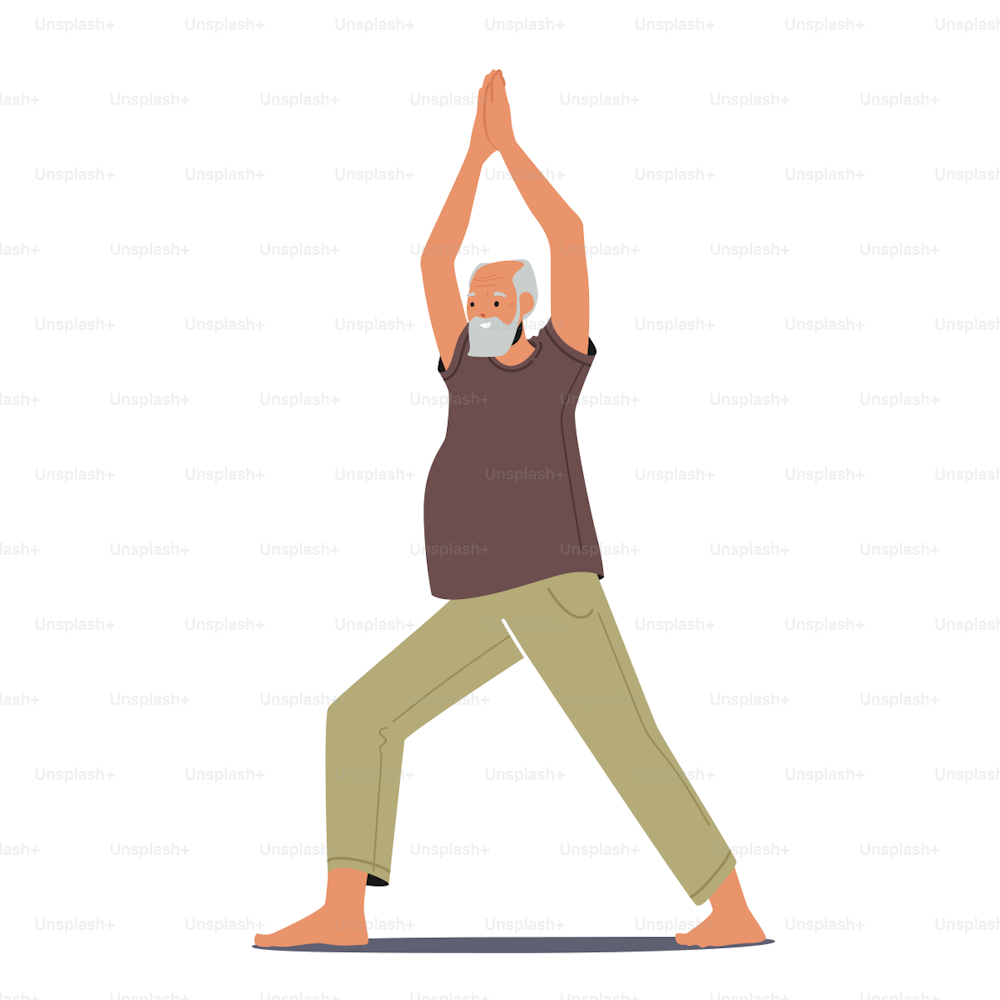 Elderly Male Character Yoga Exercises. Senior Man Stretching Body, Fitness and Healthy Lifestyle, Grandfather Practicing Gymnastics Isolated on White Background. Cartoon People Vector Illustration