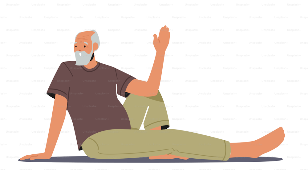 Elderly Male Character Sitting on Floor in Yoga Asana Pose. Old Man Wearing Sports Wear Training, Doing Practice, Active Healthy Life Isolated on White Background. Cartoon People Vector Illustration