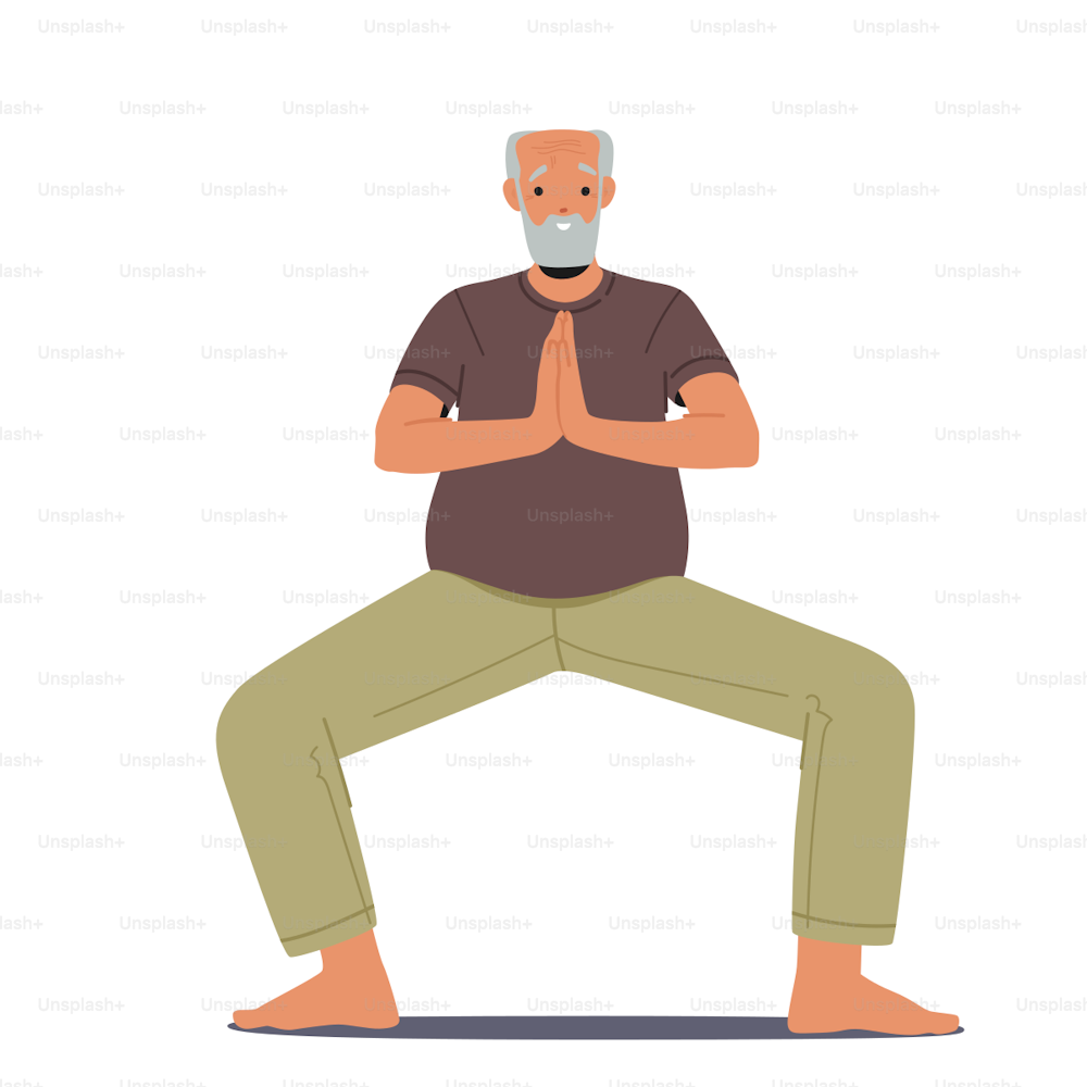 Elderly Male Character Stand with Joined Palms in Yoga Asana Pose Isolated on White Background. Old Man Training, Doing Meditation Practice, Healthy Active Life. Cartoon People Vector Illustration