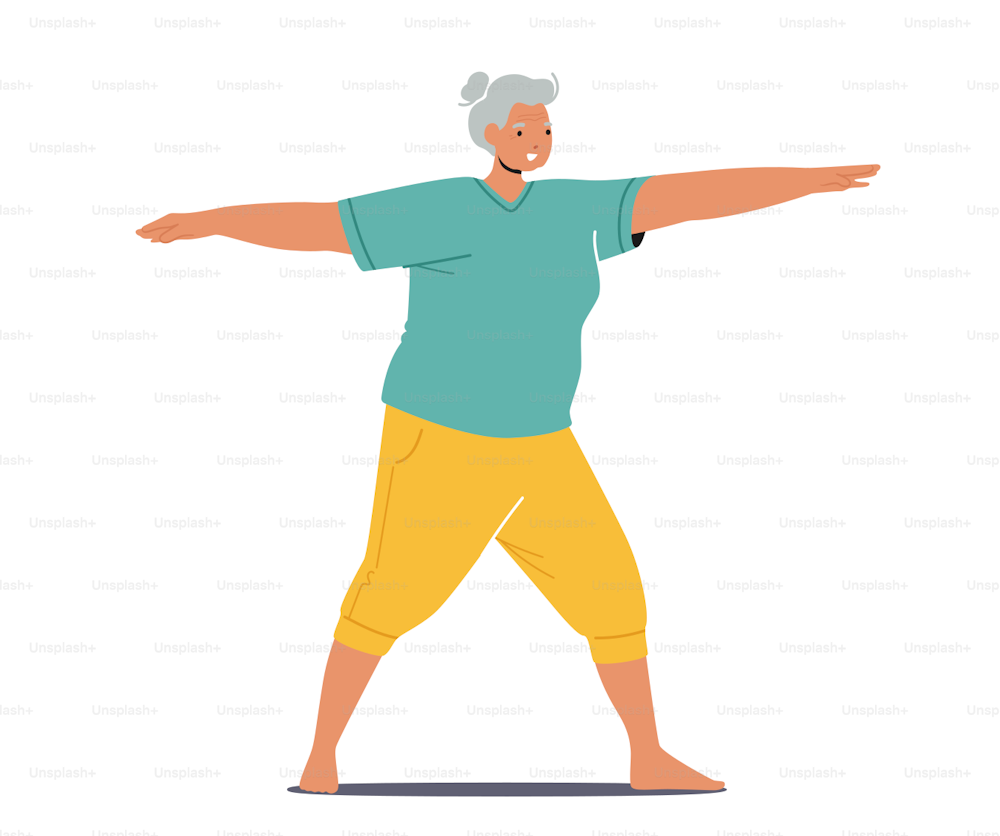 Old Woman Healthy Sport Life, Aerobics or Pilates Workout Training Class. Senior Female Character in Sports Wear Engage Fitness or Yoga Isolated on White Background. Cartoon People Vector Illustration