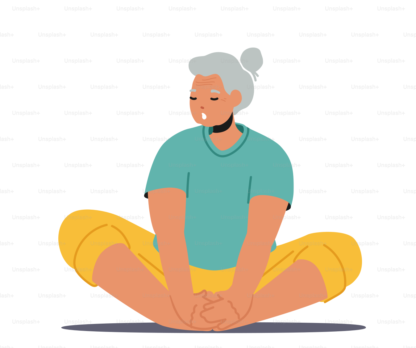 Elderly Female Character Meditating in Lotus Pose, Old Woman Yoga, Healthy Lifestyle, Relaxation Emotional Balance, Positive Mood Isolated on White Background. Cartoon People Vector Illustration