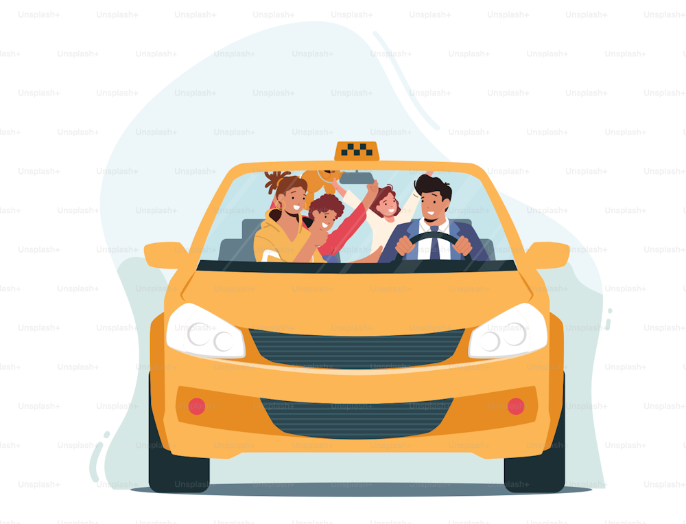 Family Characters Mother and Children Using Taxi Automobile. Driver, Woman and Kids Sitting in Cab and Talking, Windscreen Front View. Transportation City Service. Cartoon People Vector Illustration