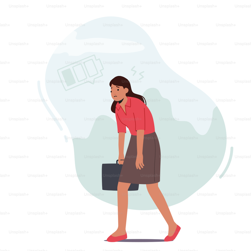 Sleepy Woman Walking at Work. Tired or Haggard Businesswoman Character with Low Battery Charging Level. Overload Employee Working from the Last Forces. Stress, Heavy Job. Cartoon Vector Illustration