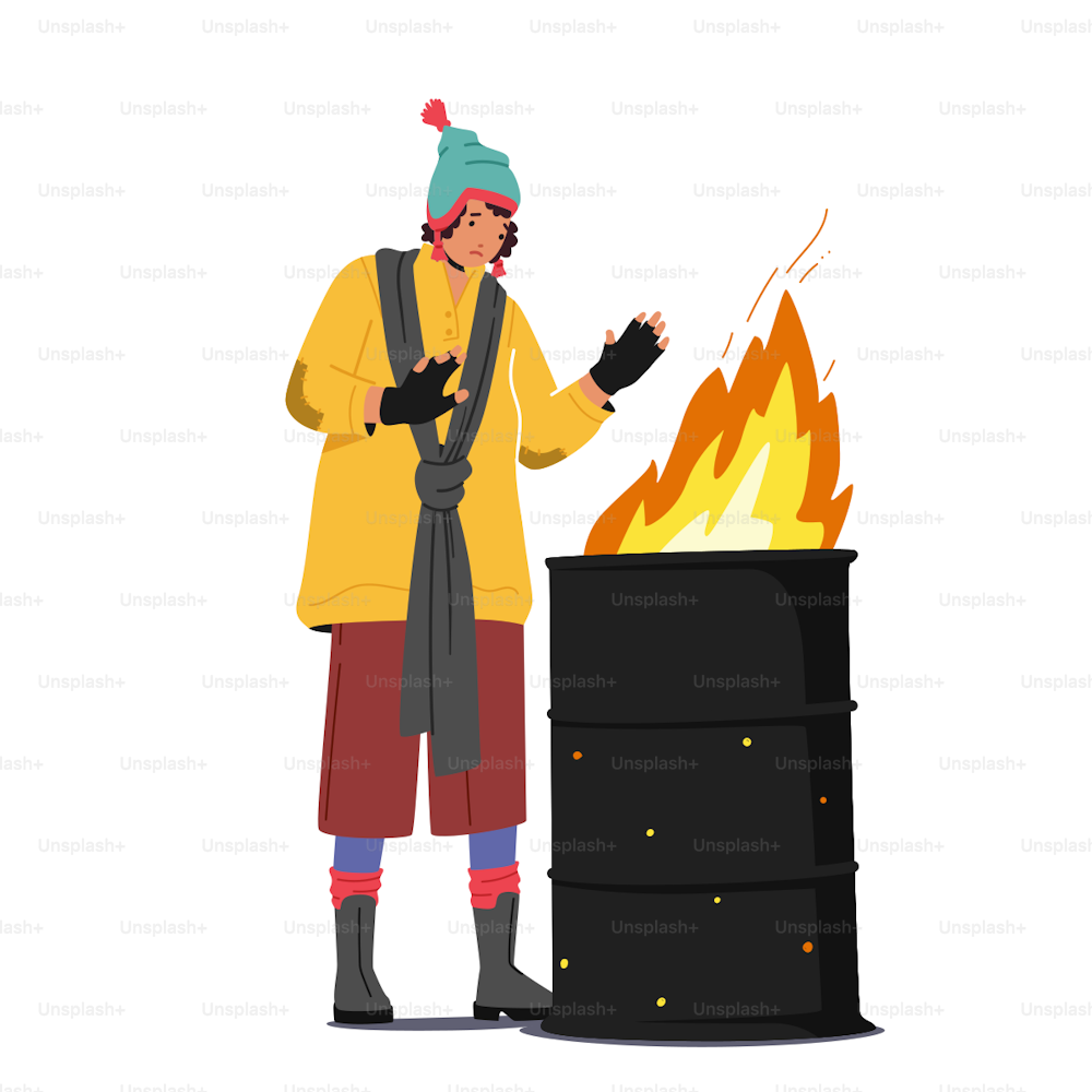 Sad Woman Beggar Warming Hands on Fire Burning in Metal Barrel, Female Character Wearing Ragged Clothing Living on Street, Homeless Poor Girl Bum Need Support, Help. Cartoon People Vector Illustration