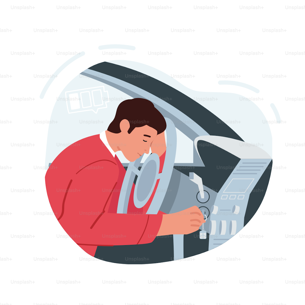 Tired Man Sleeping at Wheel Inside of Car. Sleepy Male Character Dozing While Driving as a Result of Insomnia and Lack of Sleep. Overworked Automobile Driver. Cartoon People Vector Illustration