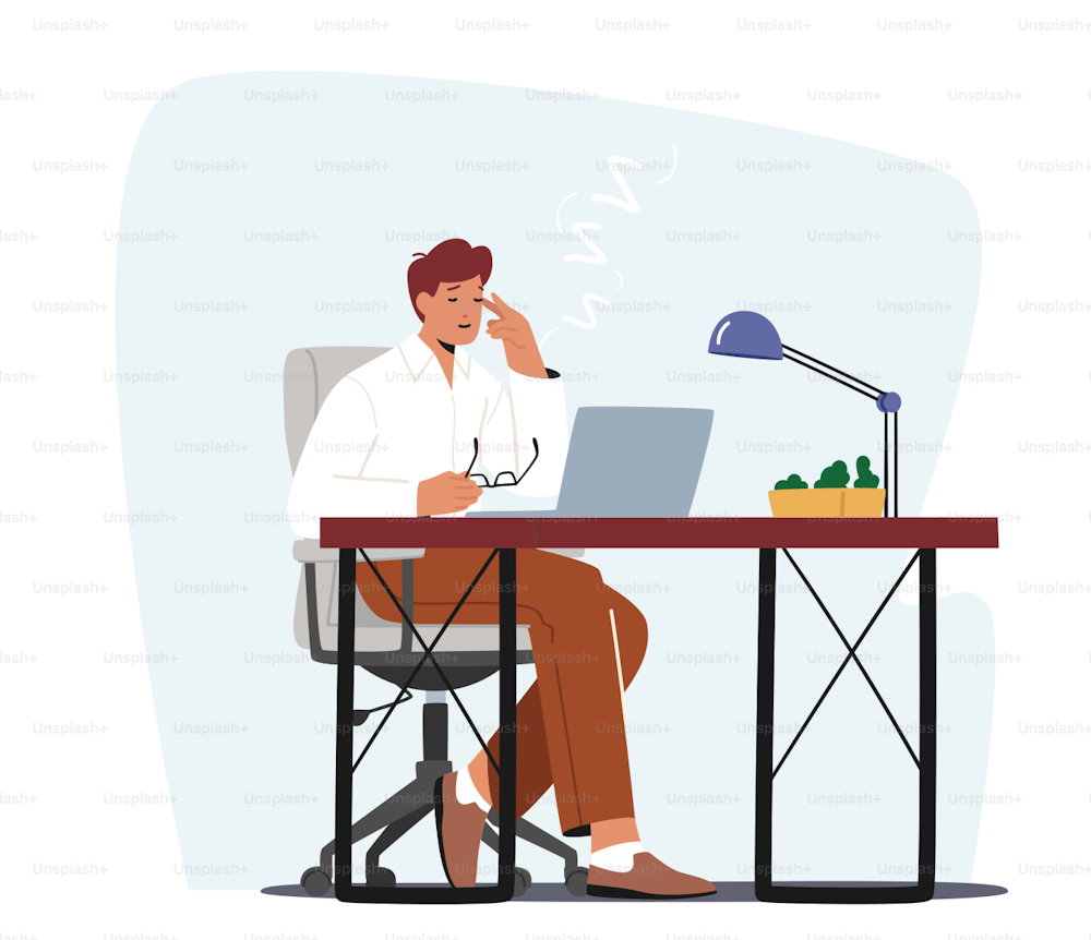Overwork Tired Worker Character Burnout, Tiredness Fatigue and Depression. Overload Sleepy Businessman with Low Life Energy Working on Computer in Office. Cartoon People Vector Illustration