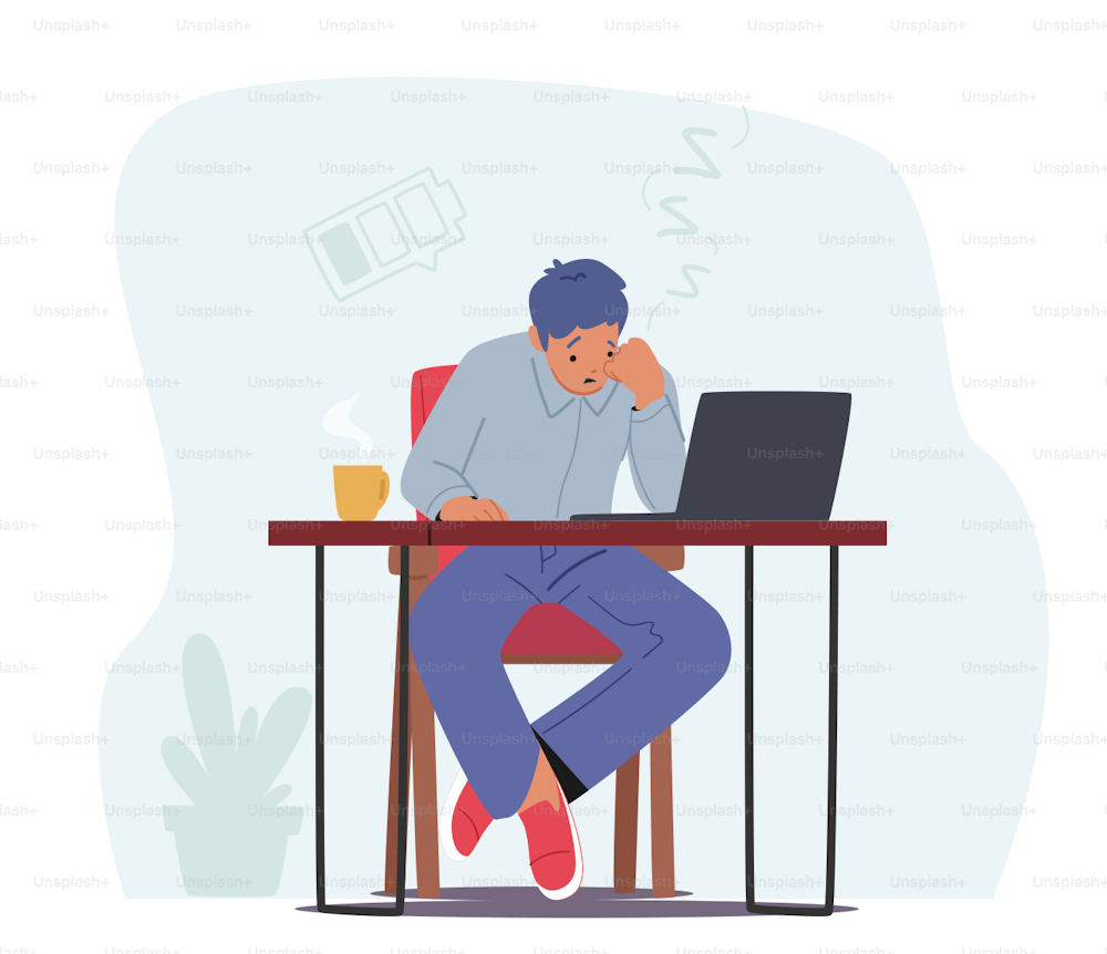 Stress, professionelles Burnout-Konzept mit müdem Mann im Büro. Gestresste überlastete Mitarbeiter wollen schlafen, verwirrter Geschäftsmann sitzt am Laptop am Arbeitsplatz mit Kaffeetasse. Cartoon-Vektor-Illustration
