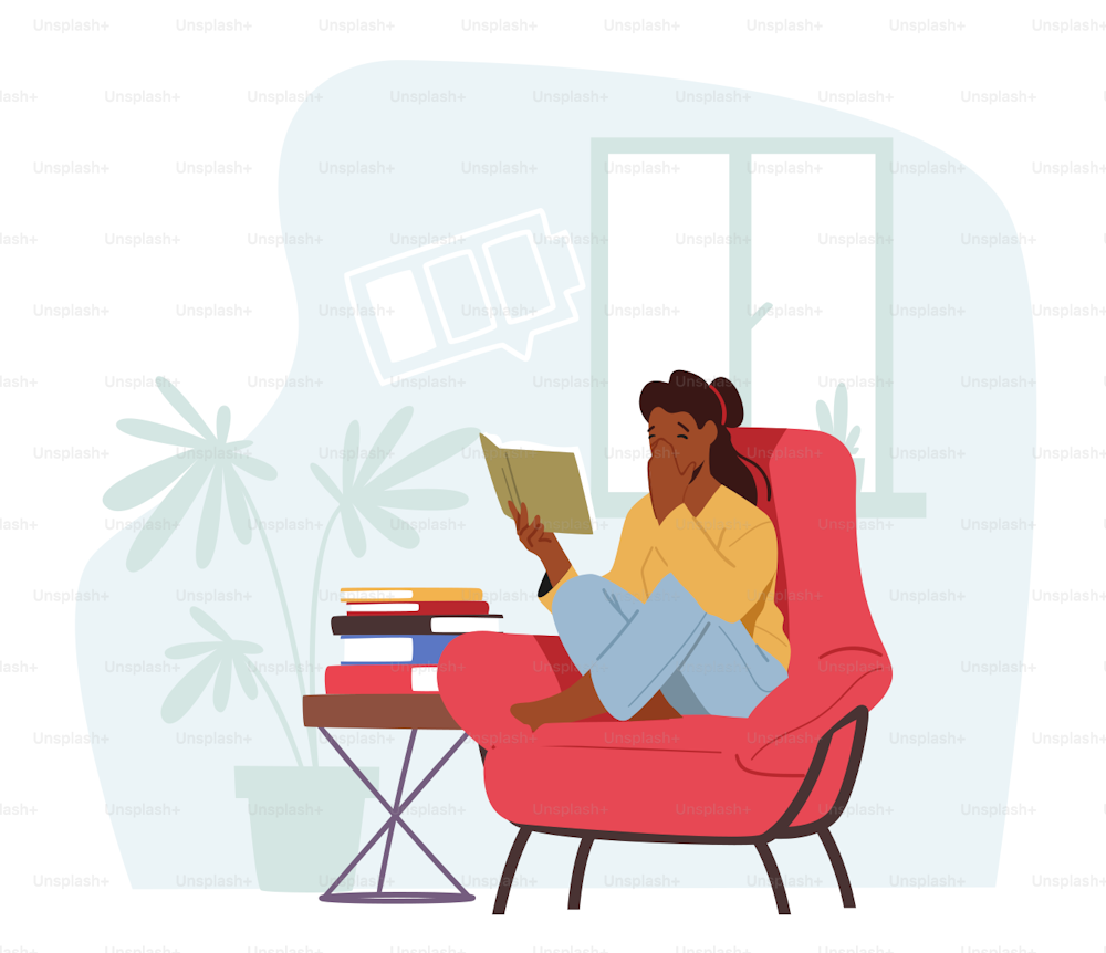 Young Woman Yawning while Reading Book Sitting on Armchair at Home. Tired Sleepy Student Prepare for Exams, Exhausted Female Character with Pile of Textbooks. Cartoon People Vector Illustration