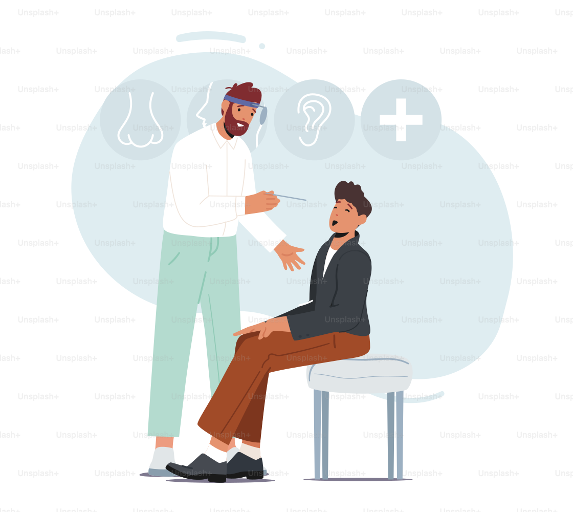 Otolaryngologist Looking Child Throat. Doctor and Kid Characters on Medical Examination. Ent Holding Instrument for Checking Mouth of Boy in Medical Office. Cartoon People Vector Illustration