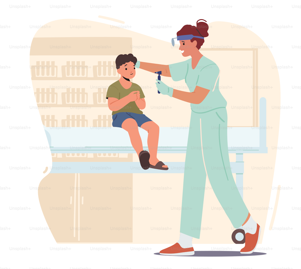 Child at Doctor Appointment in Hospital. Ent Examining Ears of Kid. Otolaryngologist Character Checking Boy Patient Doing Hearing Test in Pediatric Clinic Office Cartoon People Vector Illustration
