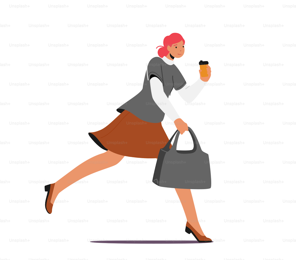 Student, Office Worker, Businesswoman Character Hurry. Running Girl with Disposable Coffee Cup in Hand Late at Work or University due to Oversleep or Traffic Jam. Cartoon People Vector Illustration
