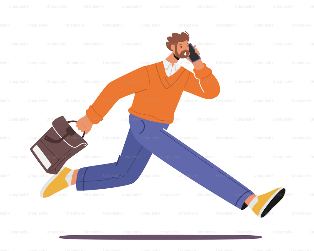 Business Character Late in Office, Anxious Businessman Hurry at Work due to Oversleep or Traffic Jam. Businessman with Bag and Phone Run, Stress at Work Concept. Cartoon People Vector Illustration