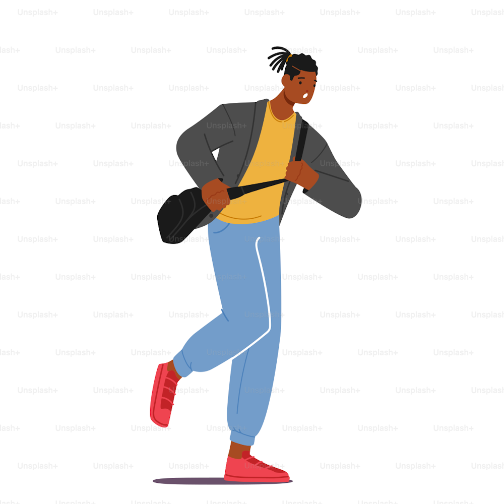 Student Character Late in University, Anxious Young Man with Shoulder Bag Hurry at Class due to Oversleep or Traffic Jam. Scholar Run, Stress Situation Concept. Cartoon People Vector Illustration