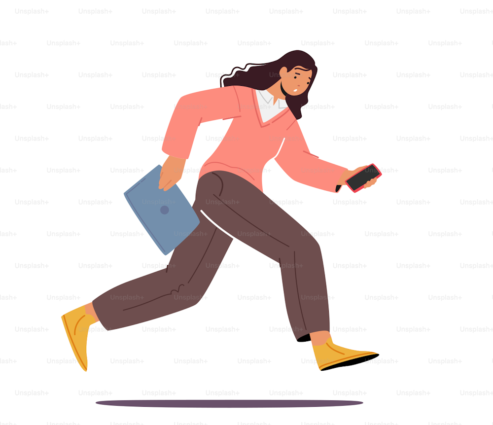 Office Worker Late at Work, Young Fashioned Girl Running with Smartphone and Folder in Hands, Student Run to University, Businesswoman Haste on Meeting, Character Hurry. Cartoon Vector Illustration