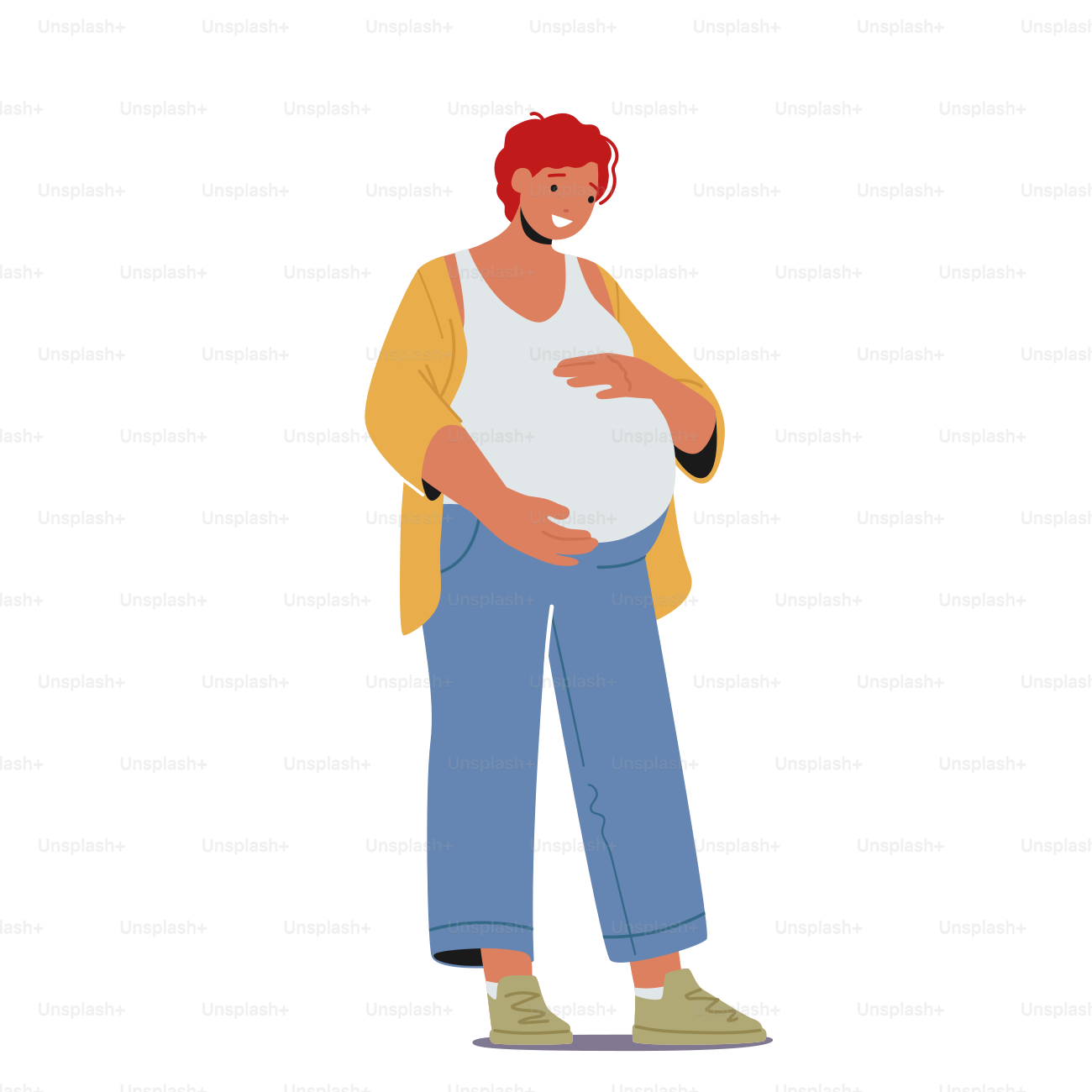 Female Character Prepare for Maternity, Pregnancy, Motherhood Concept. Beautiful Redhead Pregnant Woman, Young Mother Hold Belly Isolated on White Background. Cartoon People Vector Illustration