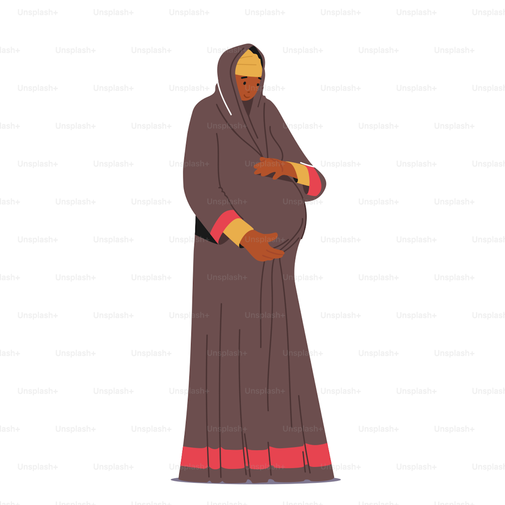 Femme enceinte arabe, belle jeune maman en tenue traditionnelle tenir le ventre isolé sur fond blanc. Le personnage féminin se prépare à la maternité. Concept de grossesse. Illustration vectorielle de personnes de dessins animés