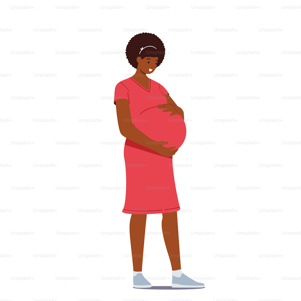 Beautiful African Pregnant Woman Waiting Baby, Pregnancy Concept. Young Mother Hold Belly Isolated on White Background. Female Character Prepare for Maternity. Cartoon People Vector Illustration