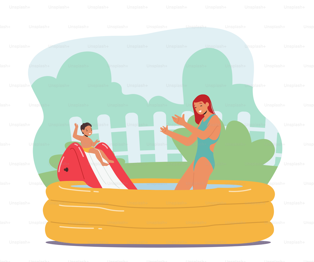 Happy Family Characters Mother and Little Son Playing in Outdoor Swimming Pool. Summertime Water Games, Mom with Boy Activity, Fun on Summer Holidays, Vacation. Cartoon People Vector Illustration