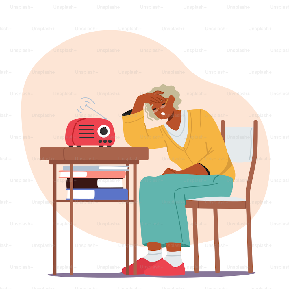 Tired Elderly Woman Sitting On Chair At Table With Sad Look. Grandmother Health Problems, Loneliness, Depression or Headache. Old Female Character at Home Interior. Cartoon People Vector Illustration