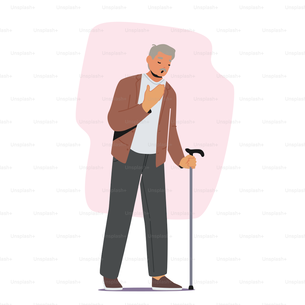 Tired Elderly Man With Walking Cane Yawning, Sad or Forworn Grandfather Health Problems, Loneliness, Depression. Old Male Character Fatigue, Sleep Deprivation. Cartoon People Vector Illustration