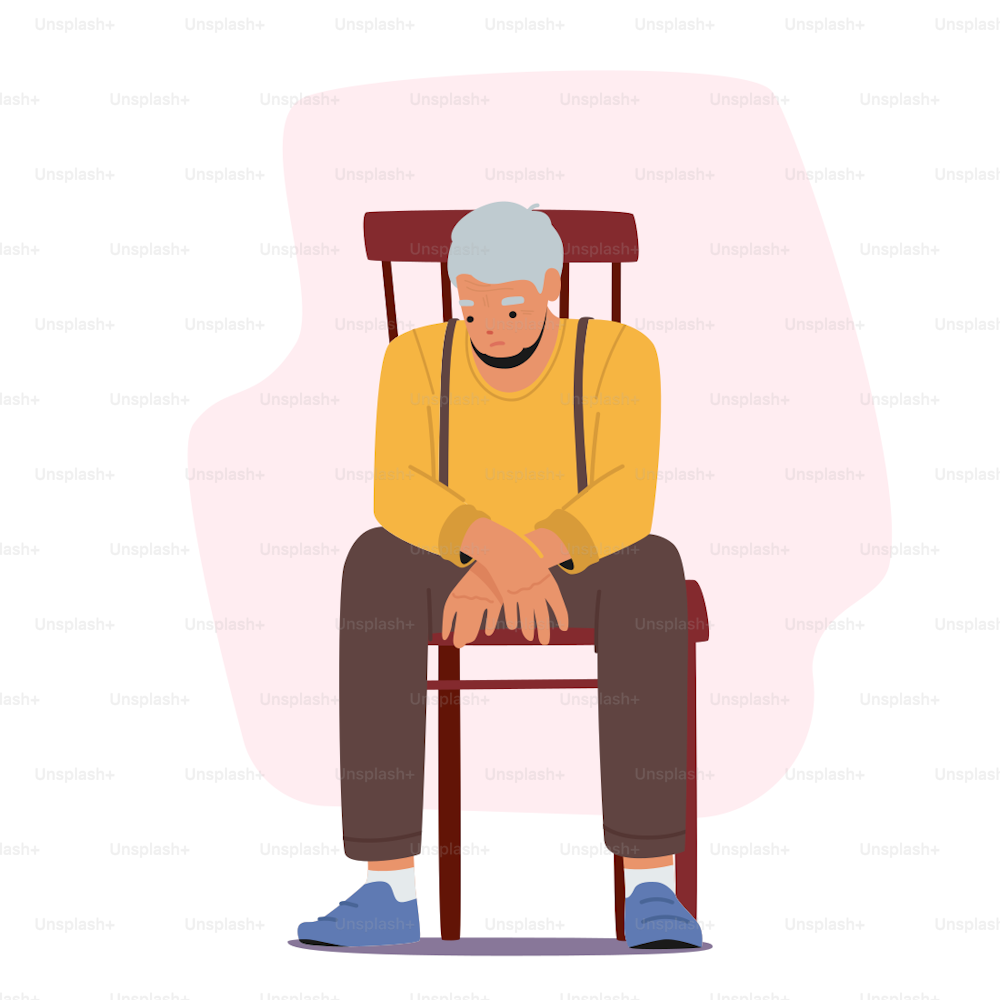 Tired Elderly Man Sitting On Chair with Depressed or Unhealthy Look. Grandfather Suffer of Health Problems, Aged Character Loneliness, Old Man Feel Depression. Cartoon People Vector Illustration