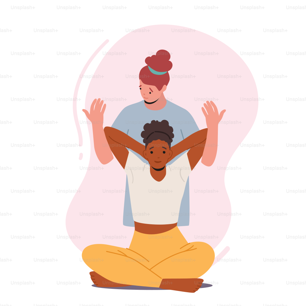 Osteopath Rehabilitation, Doctor Character Improve Woman Health. Professional Healer Adjust Spine Of Black Woman Sitting On Floor With Hands Behind of Her Head. Cartoon People Vector Illustration