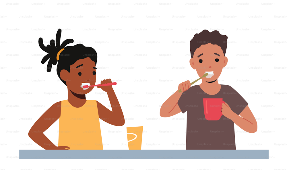 Children Morning Routine, Oral and Health Care. Kids Brushing Teeth, African Girl and Caucasian Boy Characters with Toothbrush and Paste Dental Hygiene Procedure. Cartoon People Vector Illustration