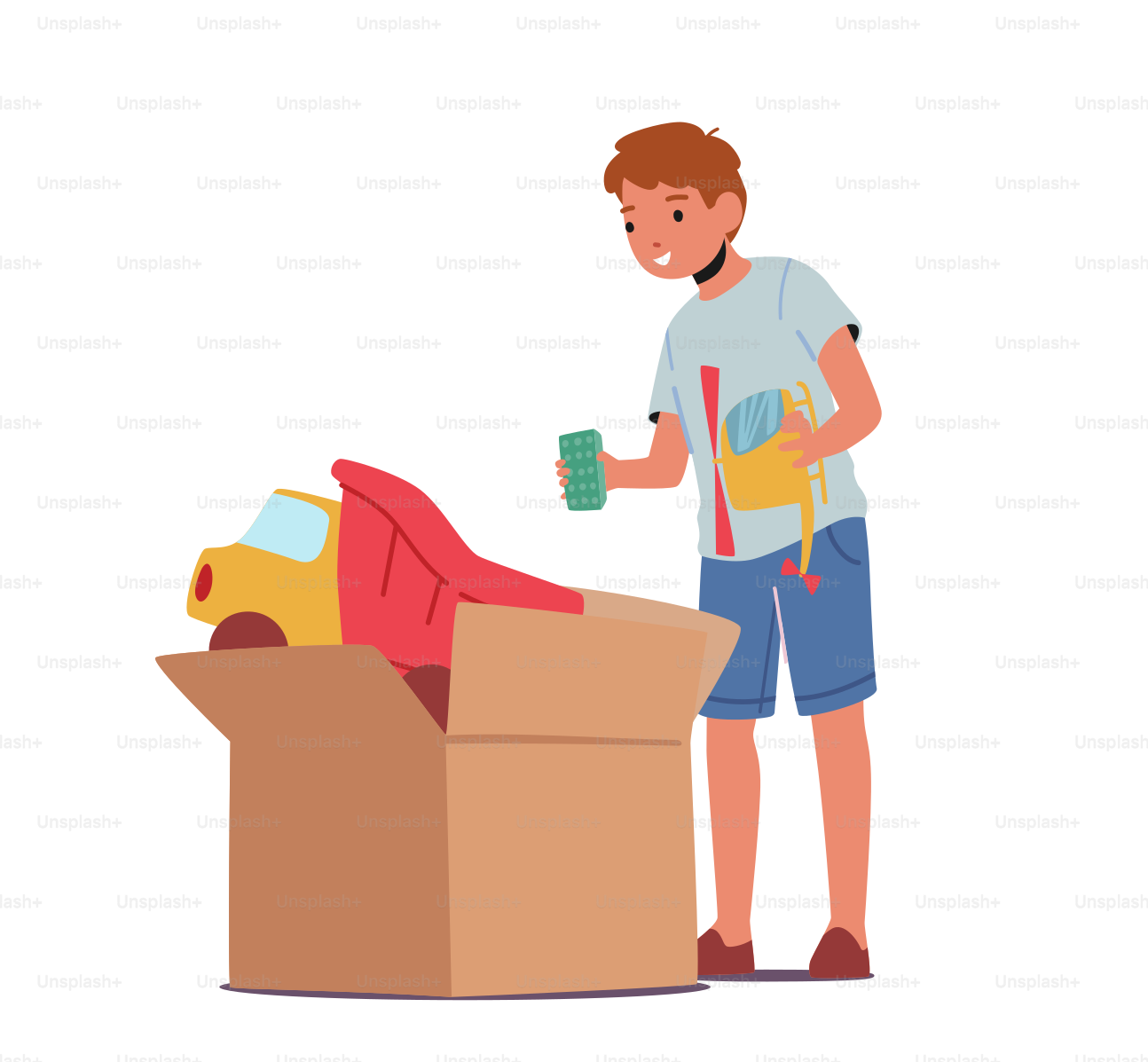 Little Boy Taking Toys from Big Carton Box. Child Character Playing Activity Isolated on White Background. Infant Game Sparetime on Playground or at Home, Kid Fun. Cartoon People Vector Illustration