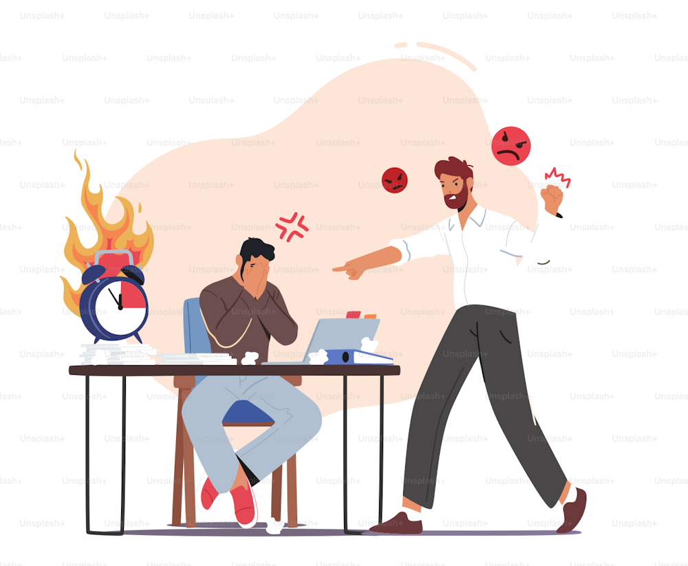 Deadline Situation in Office. Angry Furious Boss Character Yelling at Office Employee. Worker Sitting at Desk with Pc and Documents Hiding Face, Businesspeople in Stress. Cartoon Vector Illustration