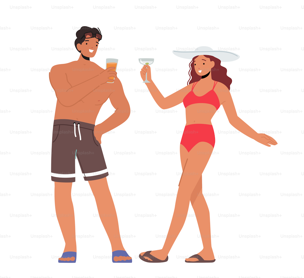 Couple Drink Alcohol, Tourist Characters at Summer Time Vacation. Young Woman and Man Drinking Cocktails at Beach Party, People Relaxing at Poolside or Tropical Resort. Cartoon Vector Illustration