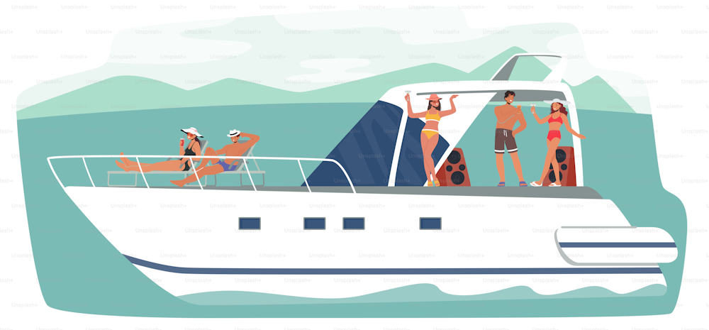 Summertime Vacation Cruise. Young People Relaxing on Luxury Yacht at Ocean. Happy Male and Female Characters Rest on Ship in Sea, Drinking, Dance and Take Sun Bathing. Cartoon Vector Illustration