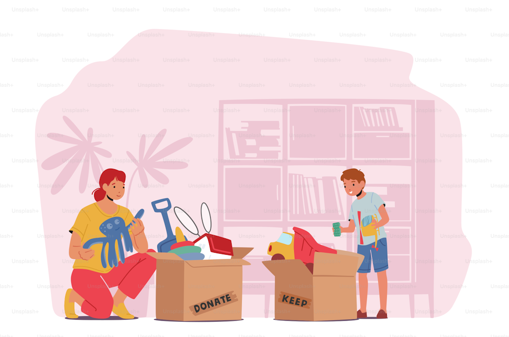 Orphan Boy and Volunteer Characters Take Toys from Donation Box, Humanitarian Aid to Poor Kids, Volunteering and Philantropy, Social Support and Assistance Concept. Cartoon People Vector Illustration