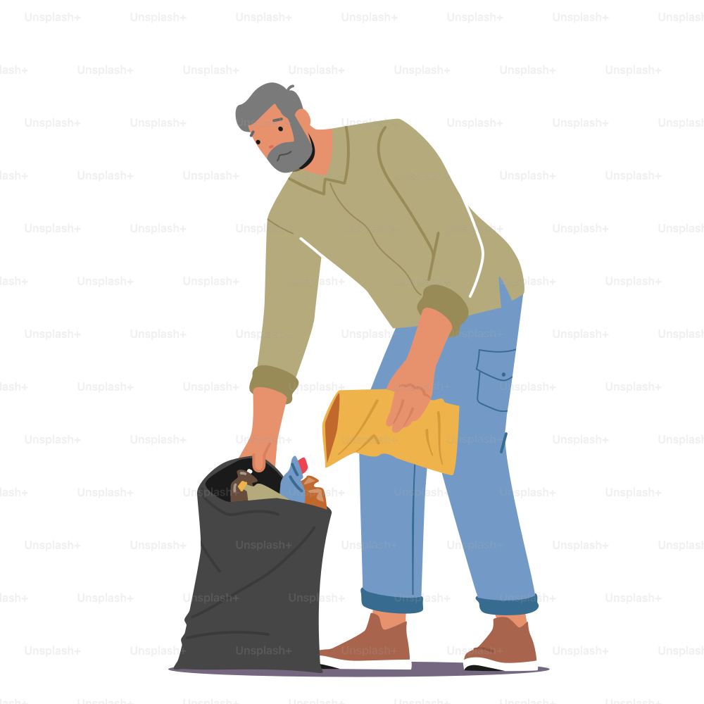 Personaggio maschile volontario senior che pulisce la spazzatura da terra, uomo anziano che raccoglie la spazzatura per sacchiare. Volontariato, beneficenza, protezione ecologica, concetto Save Planet. Illustrazione vettoriale delle persone del fumetto