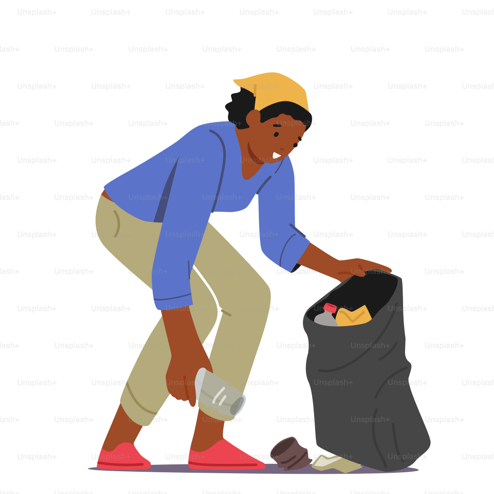 Volunteering, Ecology Protection Concept. Volunteer Female Character Work, Cleaning Garbage. Woman Collecting Litter Trash to Sack Isolated on White Background. Cartoon People Vector Illustration