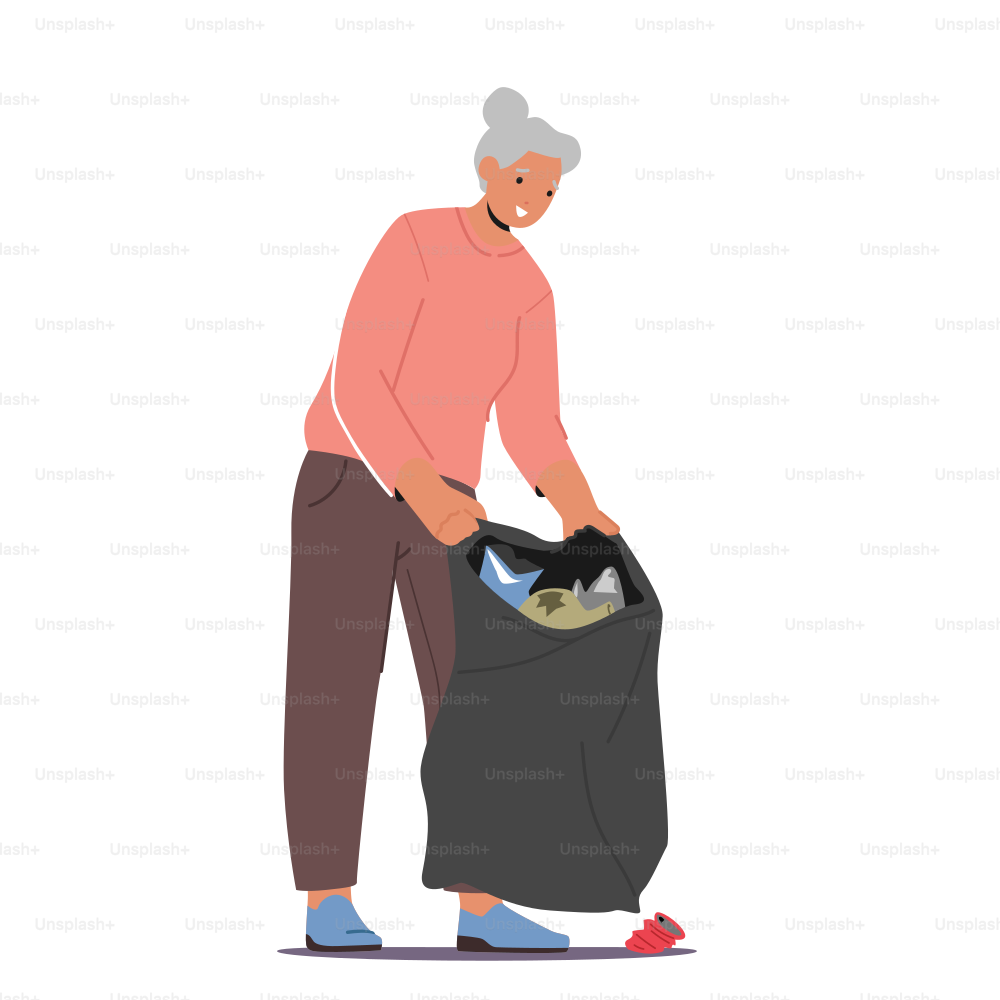Donna anziana che raccoglie la spazzatura nel sacco dei rifiuti, inquinamento ambientale, protezione ecologica e lotta con il concetto di spazzatura di plastica isolato su sfondo bianco. Illustrazione vettoriale delle persone del fumetto