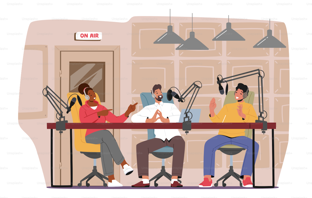 Dj Male and Female Characters Record Podcast, Online Broadcast. People Sitting at Desk with Microphones and Computer Desktop, Speaking, Interviewing Guest on Radio Studio. Cartoon Vector Illustration