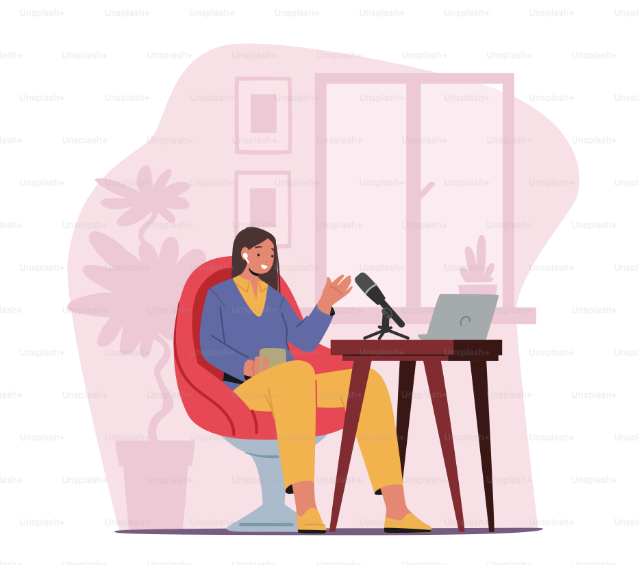 Online Broadcast Concept. Dj Female Character Record Podcast at Home, Woman Sitting at Desk with Microphones and Laptop with Coffee Cup Speaking, Telling Virtual Stories. Cartoon Vector Illustration