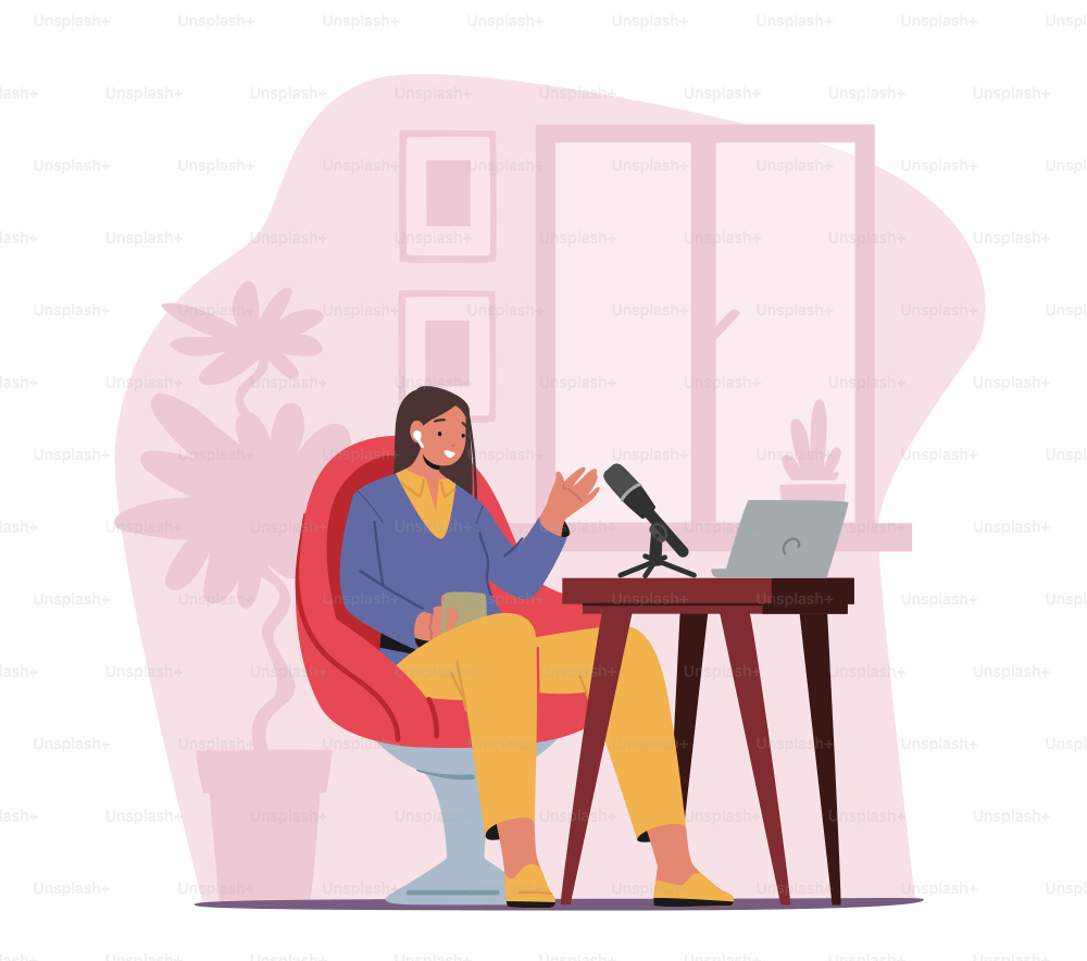 オンライン放送のコンセプト。DJの女性キャラクターが自宅でポッドキャストを録音し、マイクとラップトップで机に座ってコーヒーカップを話し、仮想の物語を語る女性。漫画のベクターイラスト