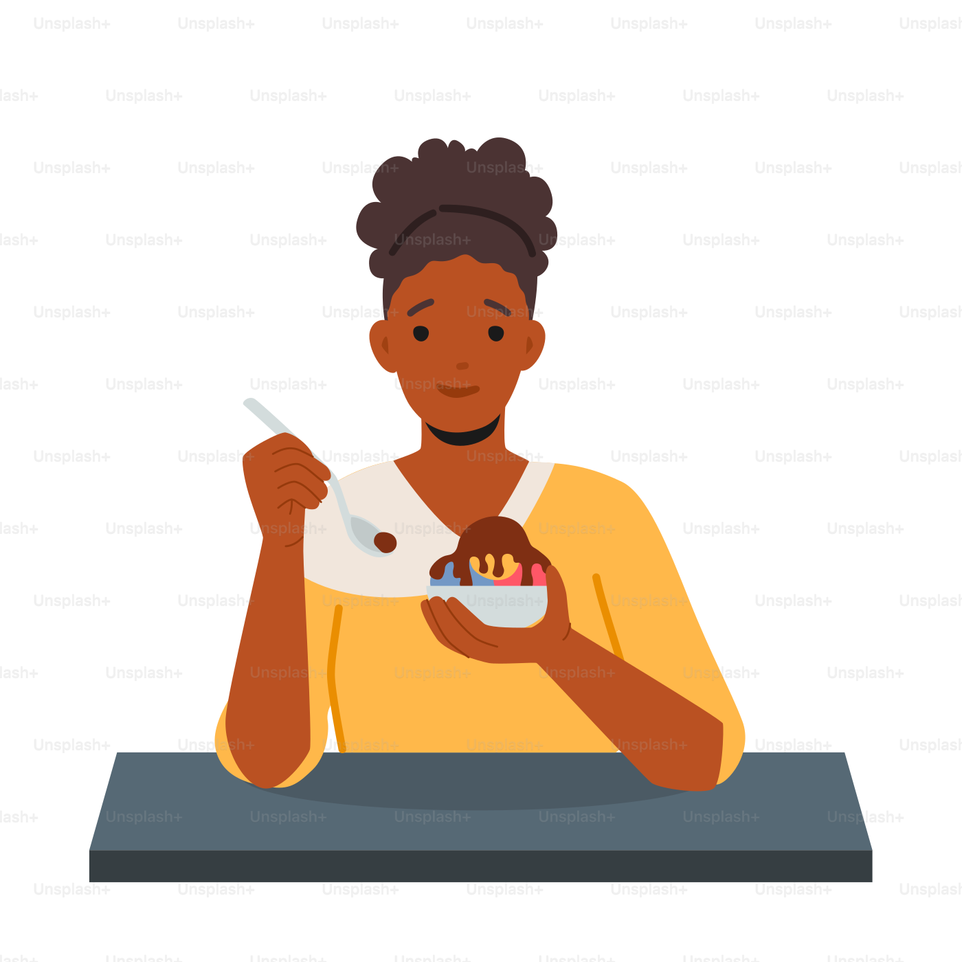 Genuss, Genuss des süßen Essenskonzepts. Glückliche Frau, die leckeres Eisdessert im Café isst. Charakter mit süßer Sucht isoliert auf weißem Hintergrund. Cartoon Menschen Vektor Illustration