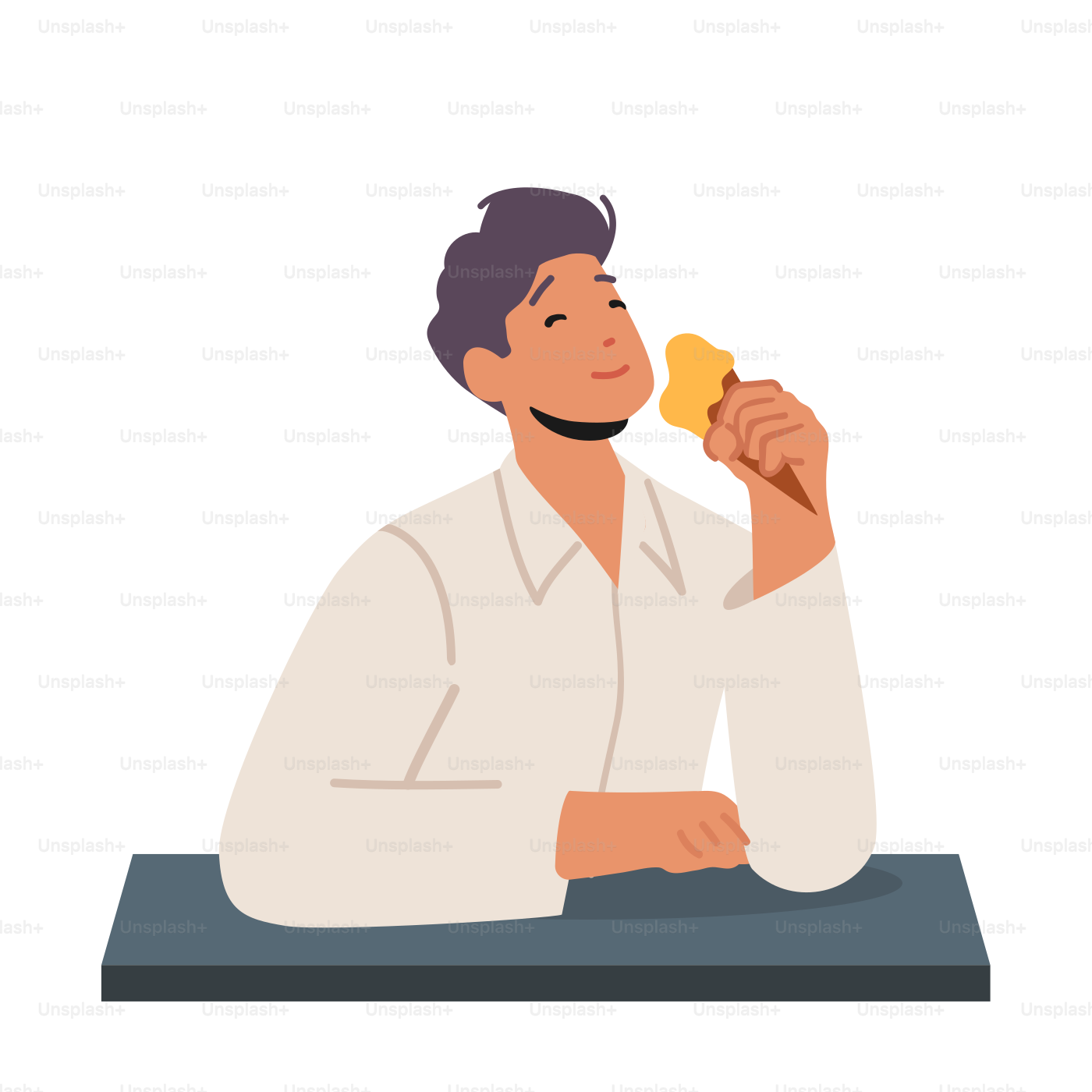 Hombre comiendo postre de helado en un café. Disfrute, placer de la idea de comida deliciosa. Personaje masculino amante de los dulces lamiendo helado cucurucho aislado sobre fondo blanco. Ilustración vectorial de personas de dibujos animados