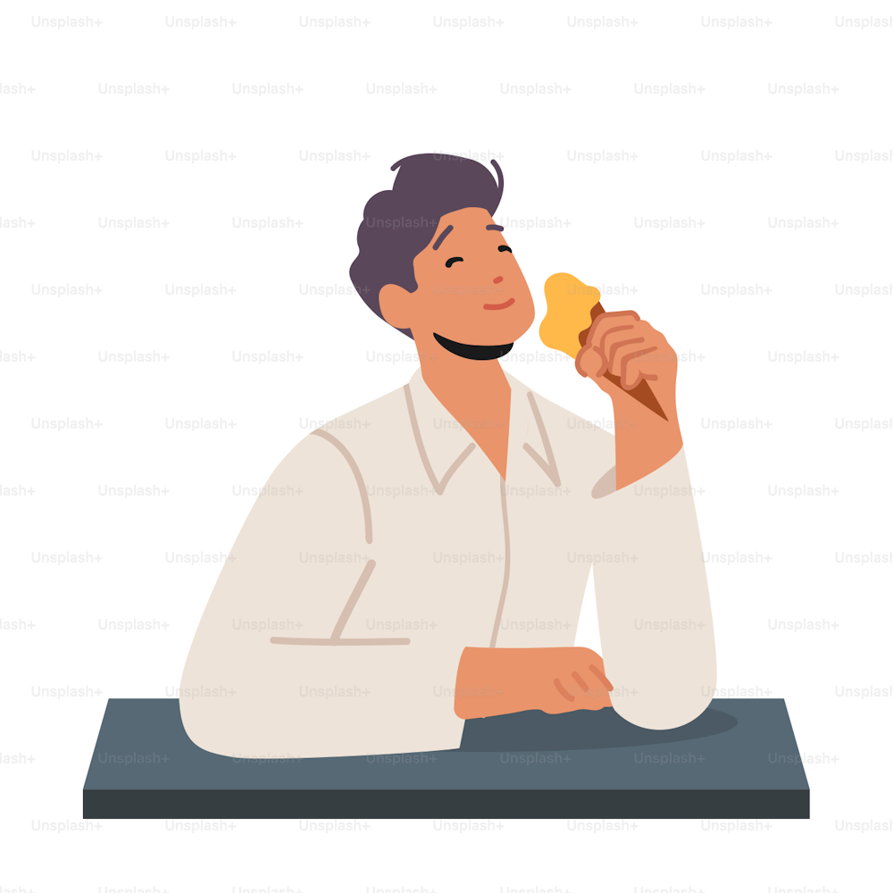 Man Eating Ice Cream Dessert At Cafe. Enjoyment, Pleasure of Delicious Food Concept. Sweet Tooth Male Character Licking Icecream Cone Isolated On White Background. Cartoon People Vector Illustration