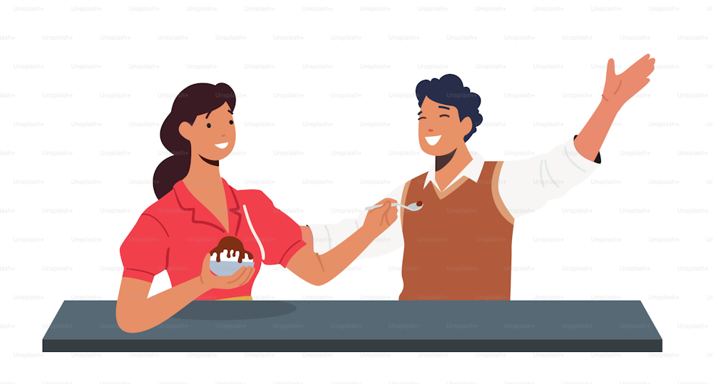 Loving Couple Eating Dessert At Cafe. Smiling Woman Feed Man with Ice Cream, Friends Characters Spend Time At Cafeteria. People Enjoying Coffee Break Sit At Table. Cartoon People Vector Illustration